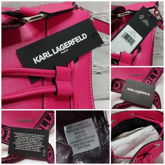 KARL LAGERFELD PARIS 'ADELE' BUCKET STYLE HANDBAG W/ LOGO WEBBING STRAP - Picture 8 of 16